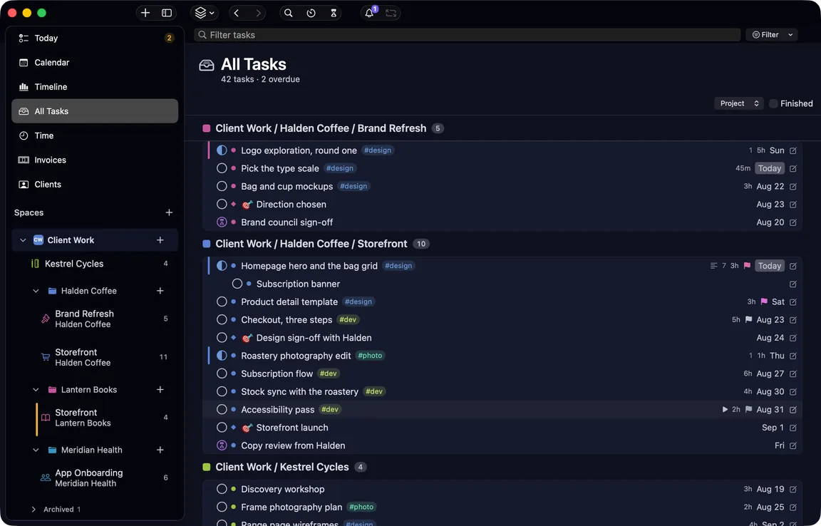 The All Tasks view: 42 tasks drawn from every project at once, grouped under their board, two of them overdue.