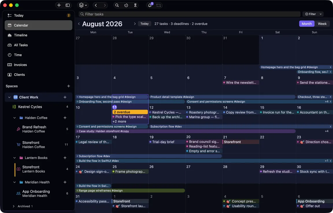 The Calendar view: August 2026 holding 27 tasks, three deadlines and two overdue, single tasks drawn as chips on their day and longer ones spanning as bars.
