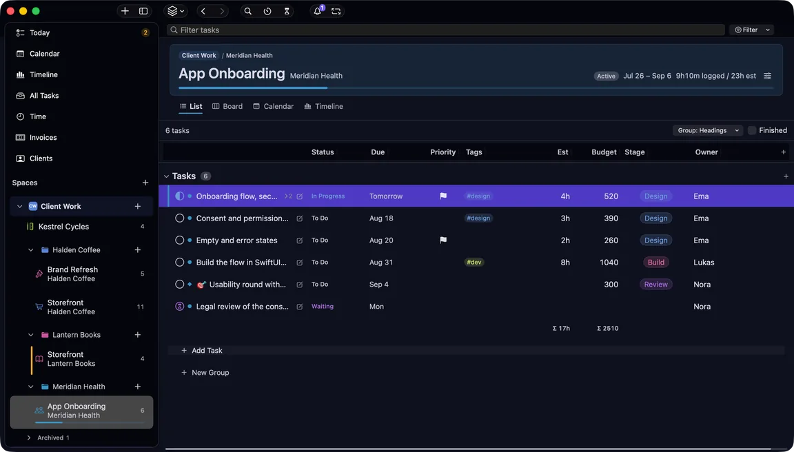 The App Onboarding list for Meridian Health: six tasks as rows under Budget, Stage and Owner columns declared in the file itself, summed to 17h and 2510 at the foot.