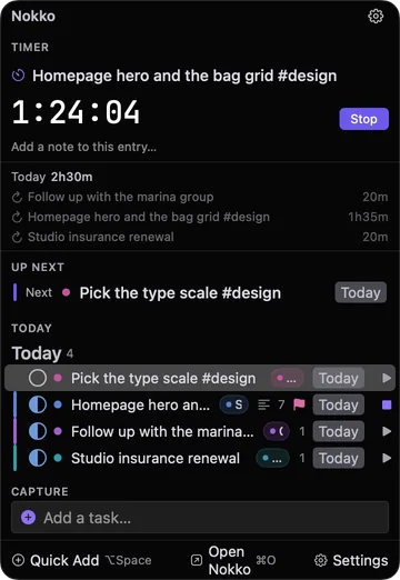 The menu bar popover: a timer running at 1:24:04 on “Homepage hero and the bag grid”, today's 2h30m of entries beneath it, and the next four tasks.
