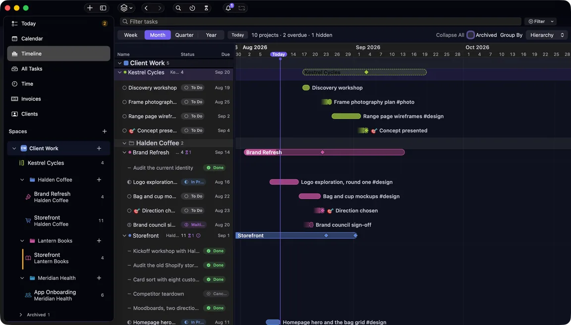 The Timeline view: ten client projects drawn as bars across August and September, milestones as diamonds on the bars, and a violet today line down the middle of the month.
